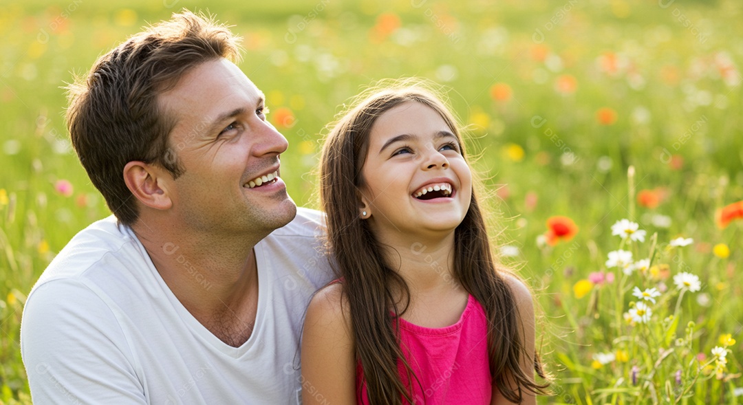 Lindos pai e filha sorridentes em um lindo gramado com belas flores