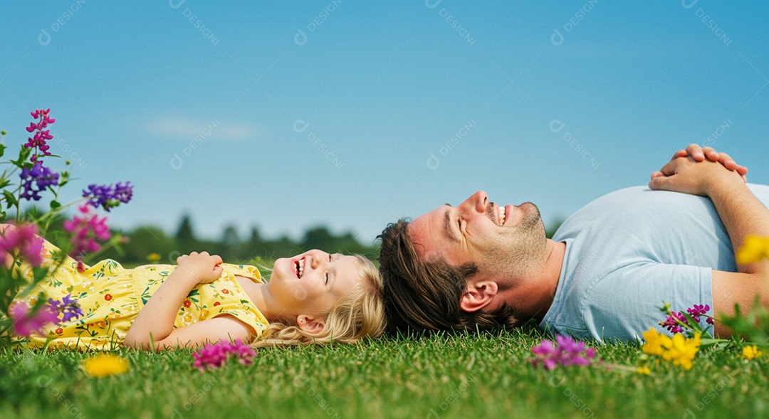 Lindos pai e filha sorridentes deitados em um lindo gramado com belas flores