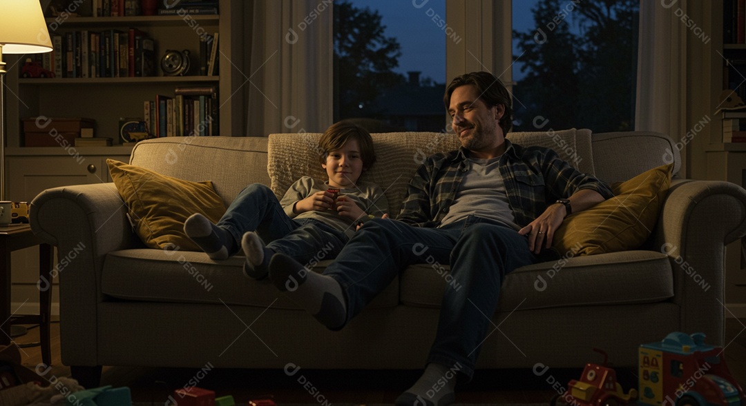 Lindos pai e filho sentados em um sofá sob uma sala de estar