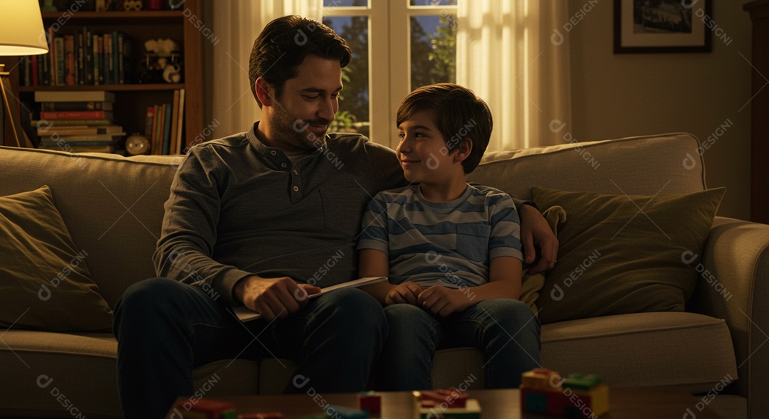 Lindos pai e filho sentados em um sofá sob uma sala de estar