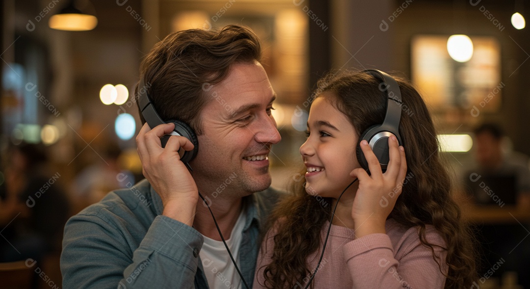 Lindos pai e filha se encarando usando fones de ouvido sobre fundo desfocado