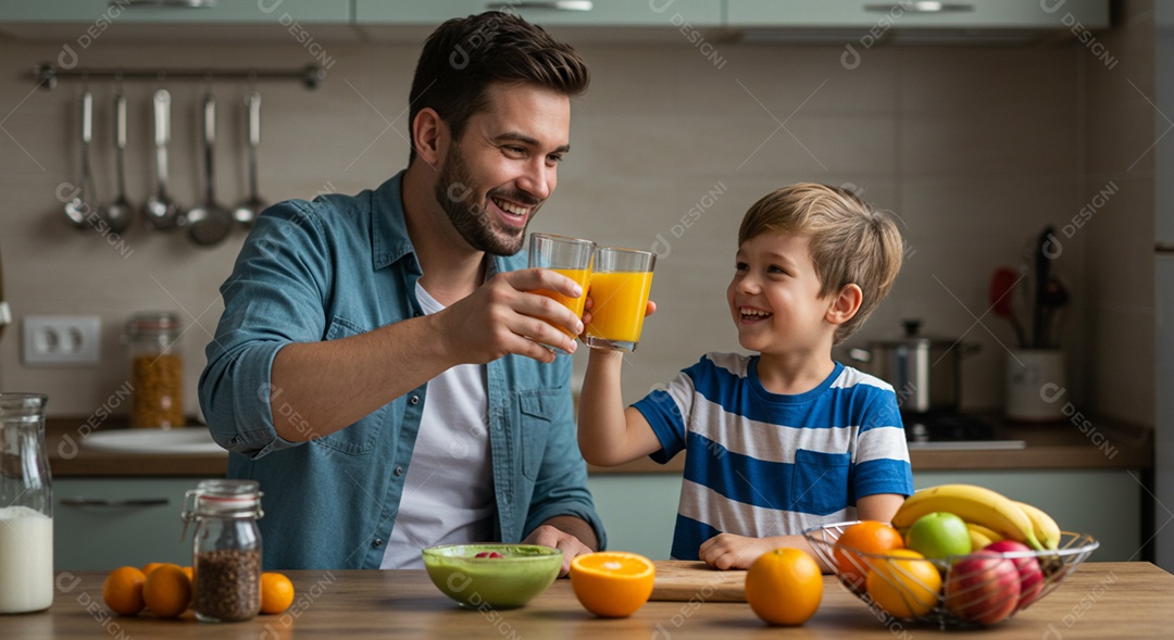 Pai e filho brindando seus copos de suco de frutas sob uma linda cozinha