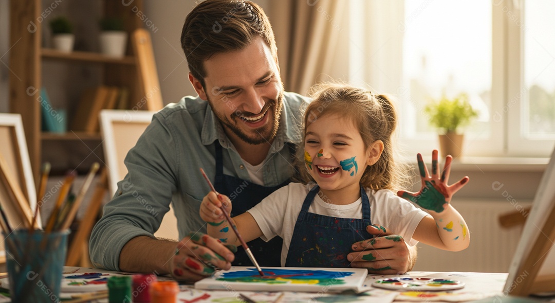 Lindos pai e filha sorridentes pintando um quadro sobre uma mesa de madeira