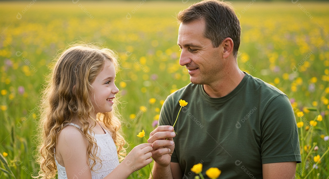 Lindos pai e filha se encarando ao ar livre sob um lindo jardim