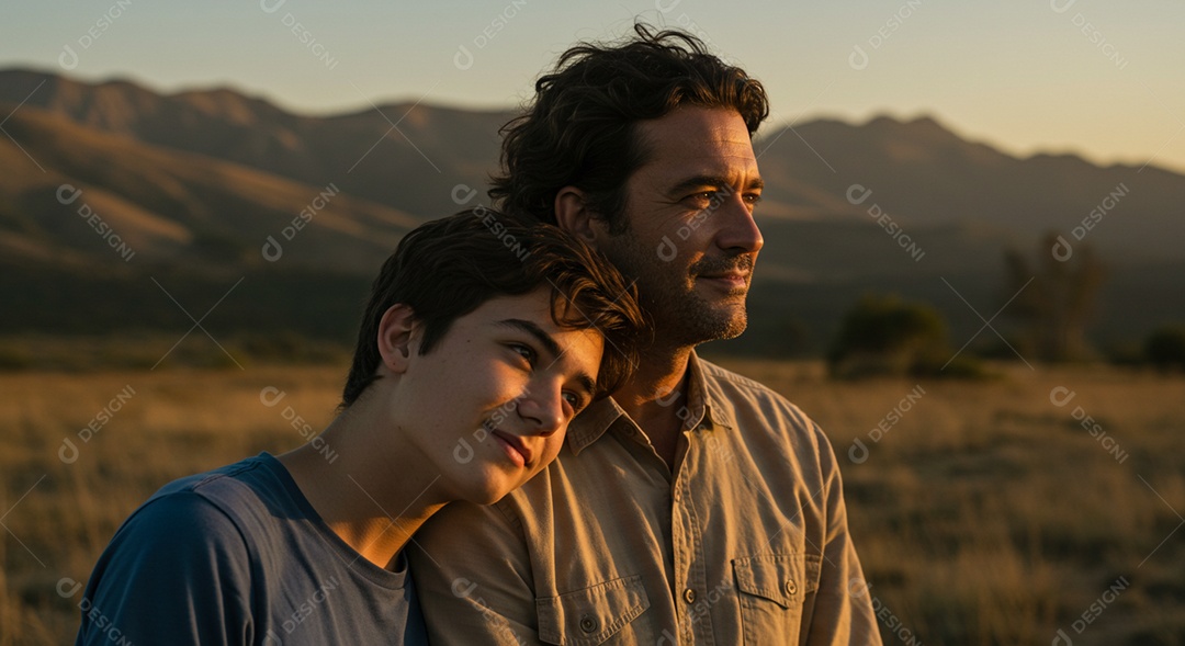 Lindos pai e filho olhando a paisagem do pôr do sol sobre fundo de montanhas