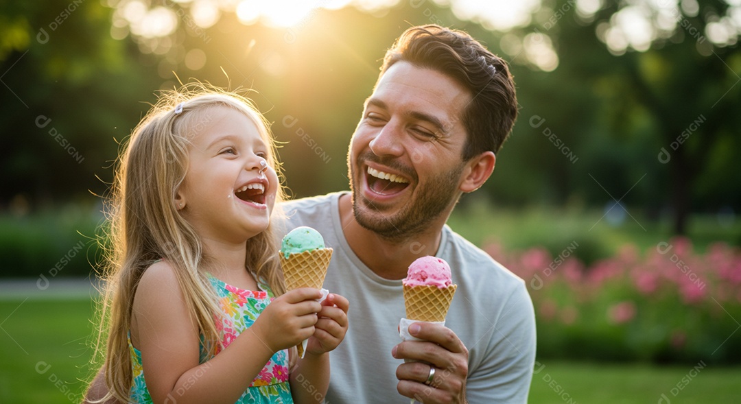 Lindos pai e filha tomando sorvete ao ar livre