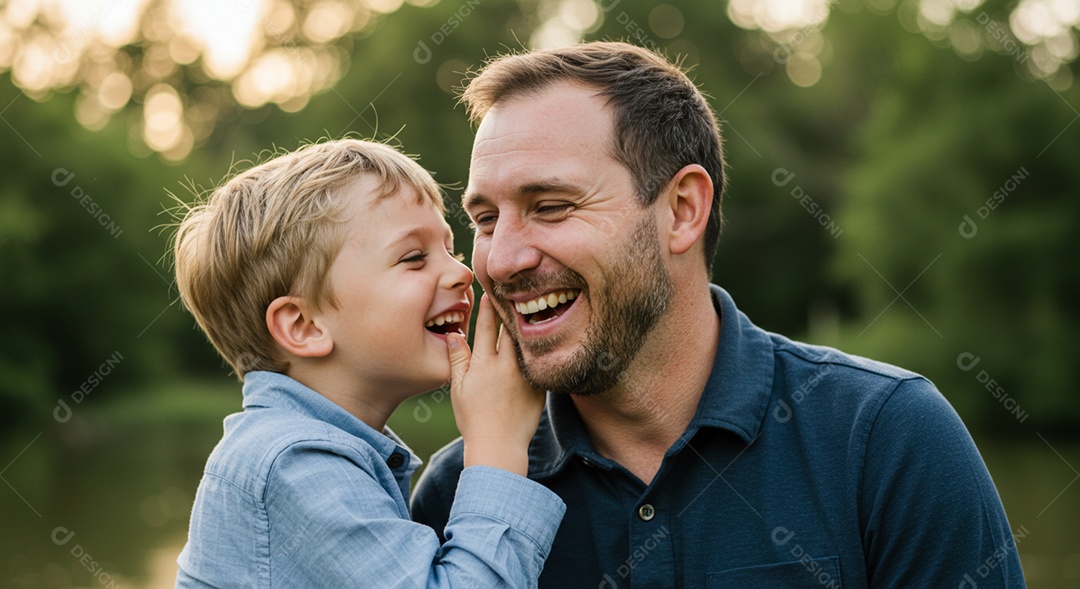 Lindo filho cochichando no ouvido de seu pai ao ar livre