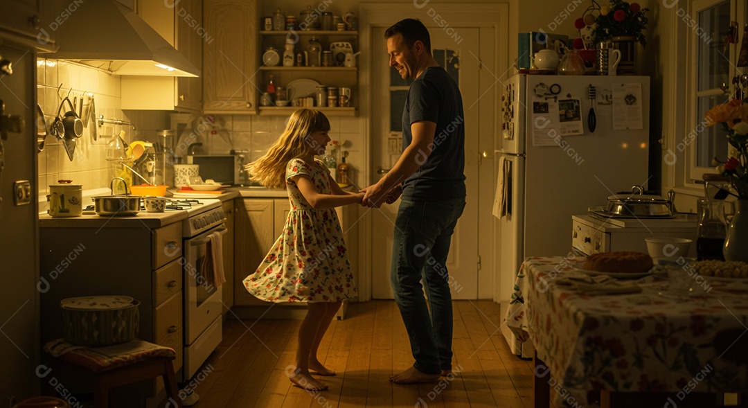 Lindos pai e filha dançando sob uma cozinha