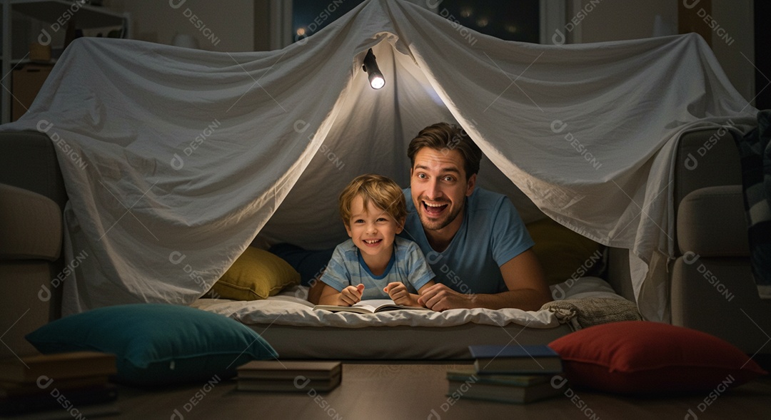 Lindos pai contando histórinhas para seu filho sob cabana improvisada