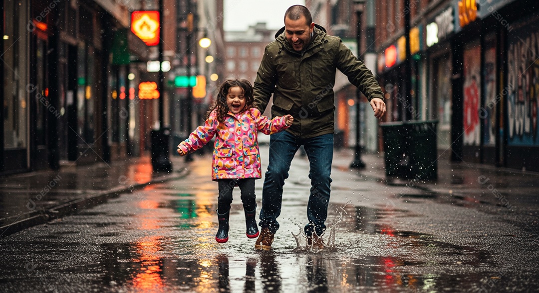 Lindos pai e filha correndo na rua sobre poças de água