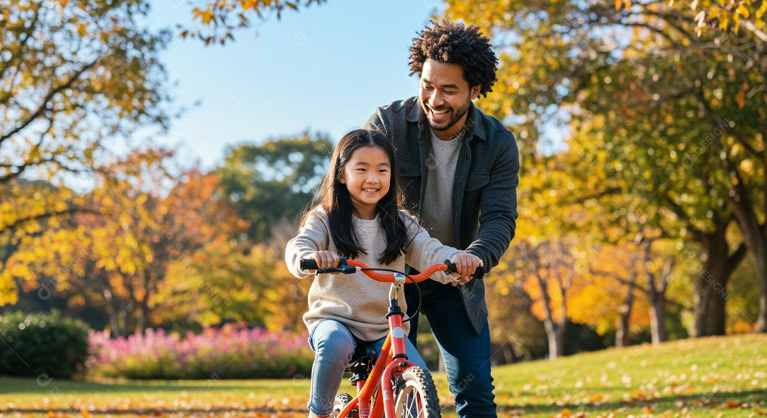 Lindos pai ensinando filha a andar de bicicleta ao ar livre