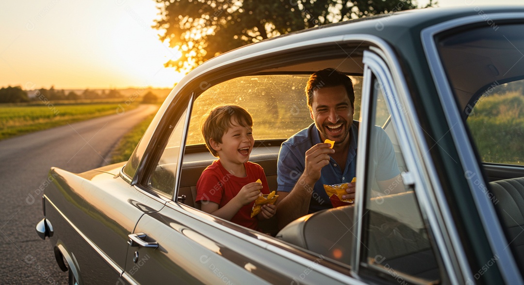 Lindos pai e filho sorridentes comendo batatinhas sob banco de trás de um carro