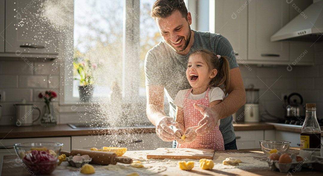 Lindos pai ensinando filha a fazer bolinhos sob uma cozinha