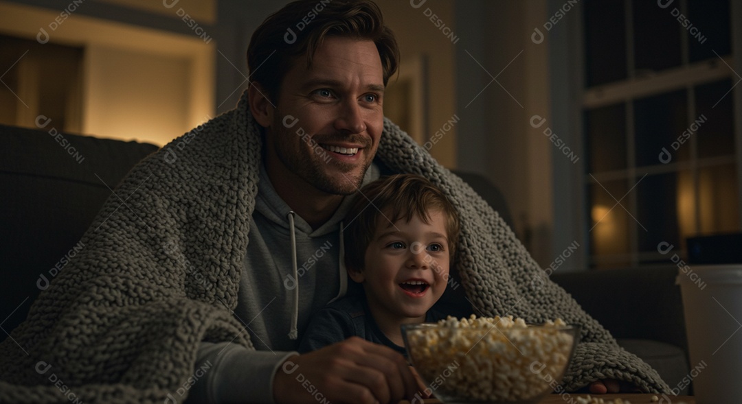 Lindos pai e filho enrolados em cobertor comendo pipoca sobre um sofá
