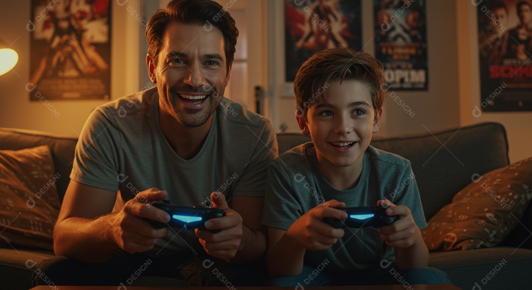 Lindos pai e filho sentados em sala de estar jogando video gamer