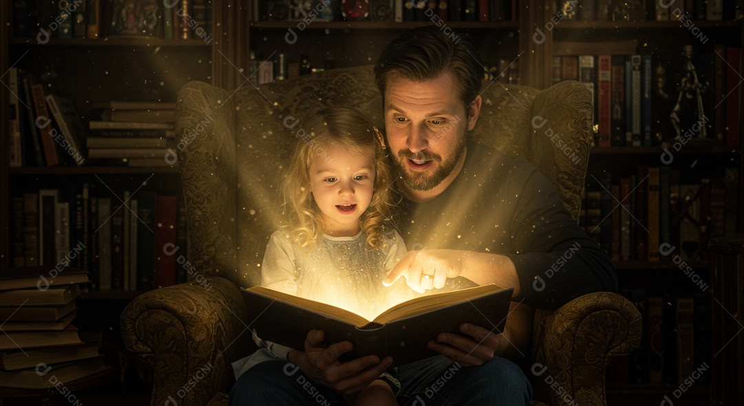 Pai e filha com expressão de surpresa ao abrir um livro mágico