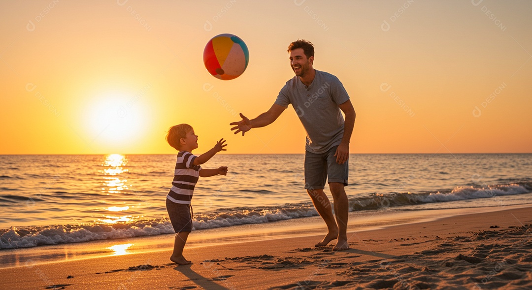 Lindos pai e filho jogando bola em uma linda praia ao pôr do sol