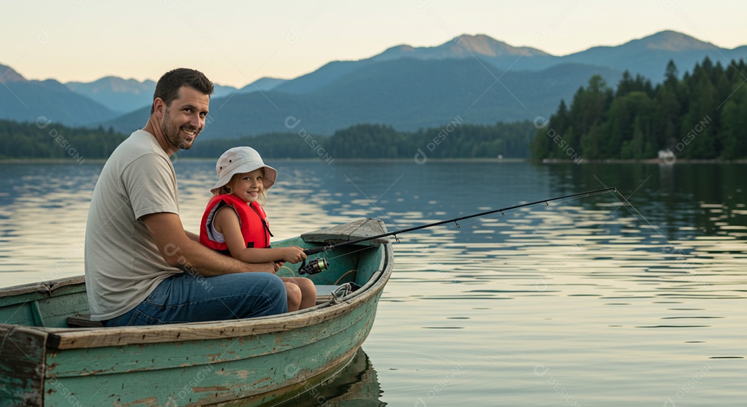 Lindo pai e filha pescando em um barco ao ar livre sobre uma lagoa