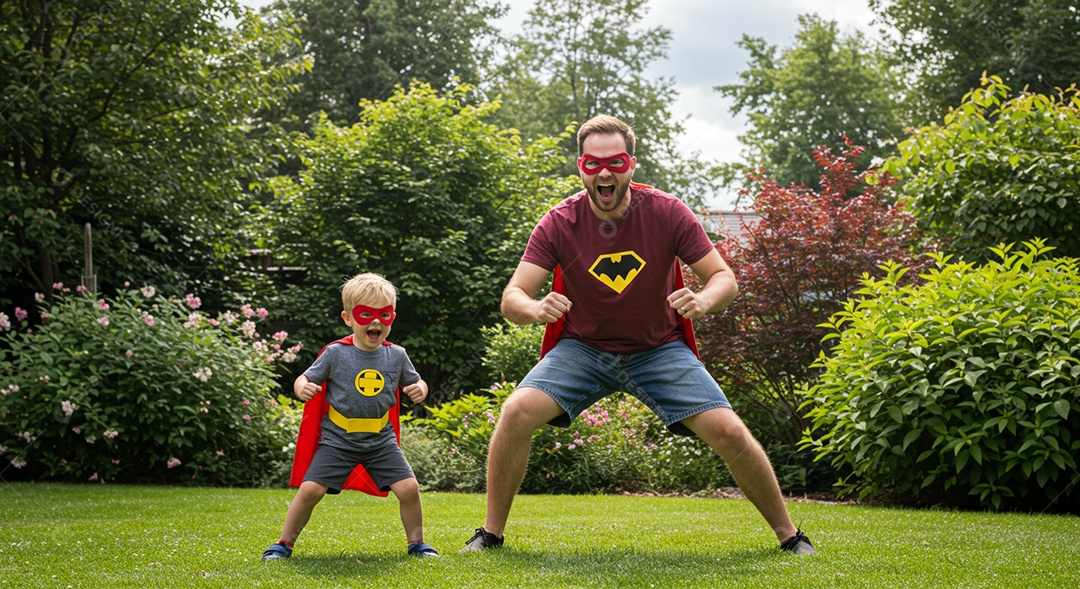 Pai e filho usando roupas de super herois sobre um gramado