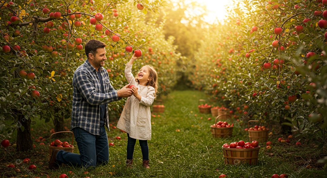 Lindo pai e filha colhendo maçãs ao ar livre
