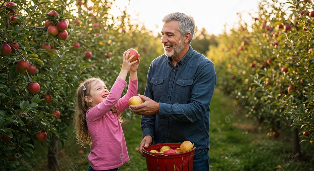 Lindo pai e filha colhendo maçãs ao ar livre
