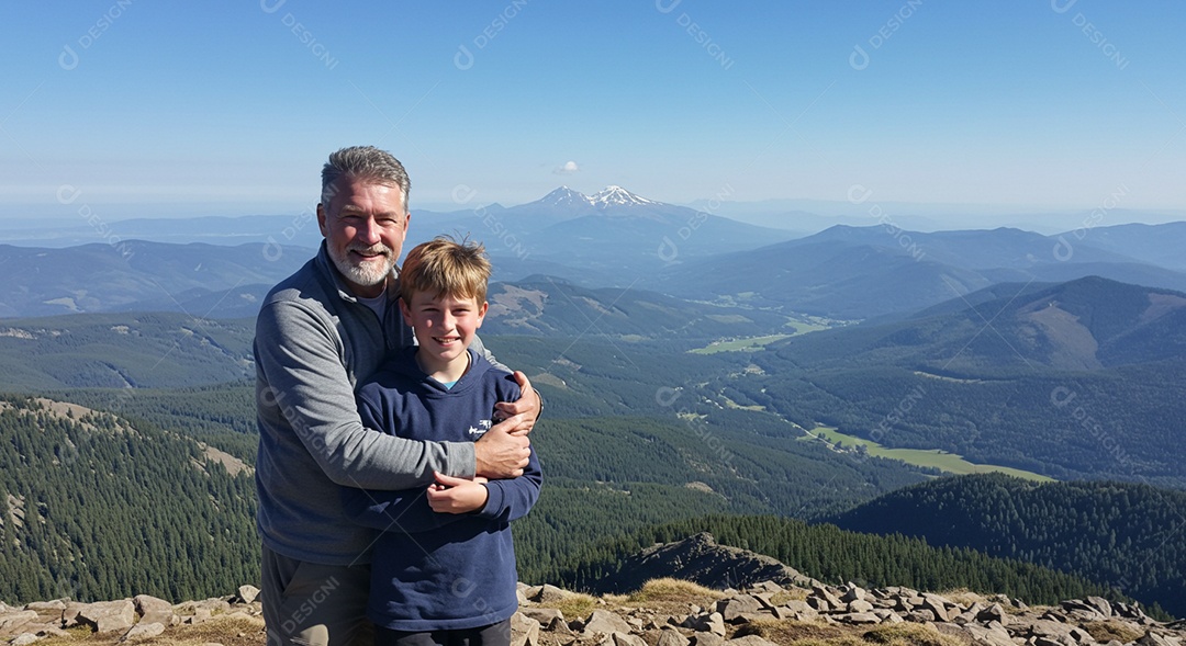 Lindos pai e filho se abraçando ao ar livre sobre fundo de montanhas