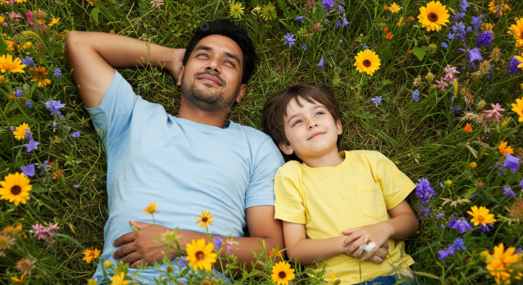 Lindos pai e filho deitados olhando para o céu sob um jardim