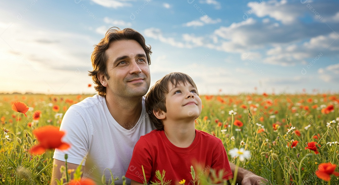 Lindo pai e filho olhando para o céu ao ar livre sob um jardim