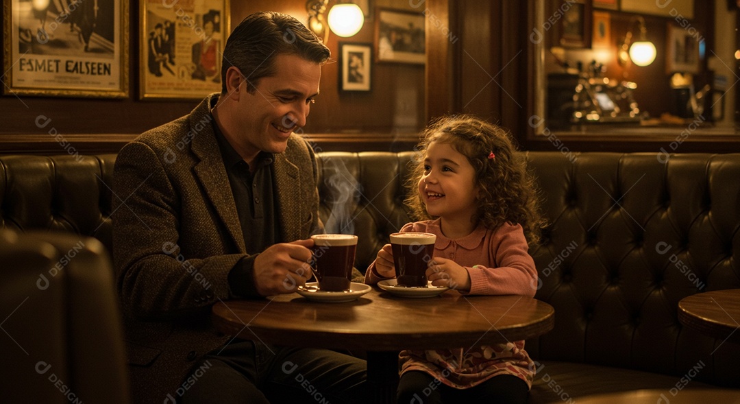 Lindo pai e filha tomando café sentados sob uma cafeteria