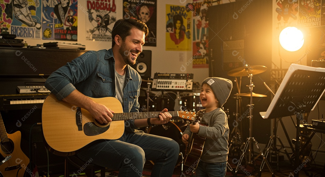 Lindo pai tocando violão para seu filho sob uma sala de música