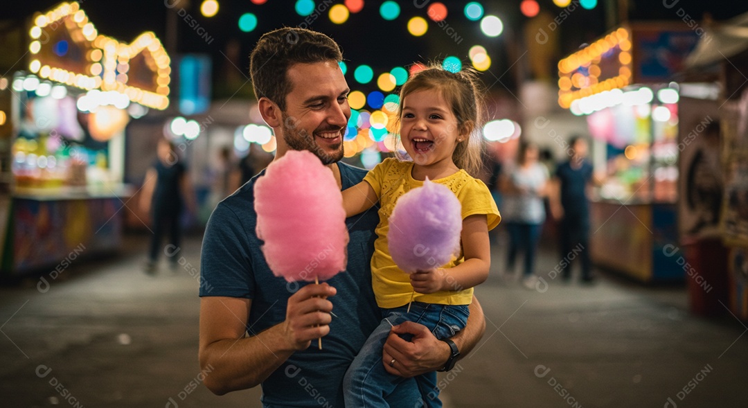 Lindo pai e filha comendo algodão doce sob um parque de diversão