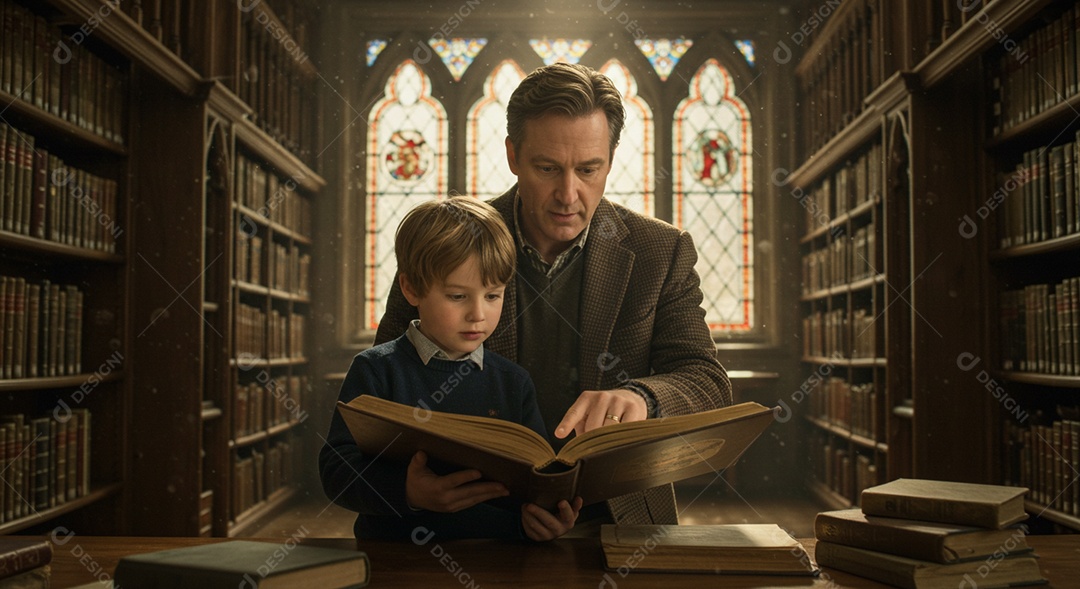 Lindo pai e filho lendo um livro sob uma biblioteca antiga
