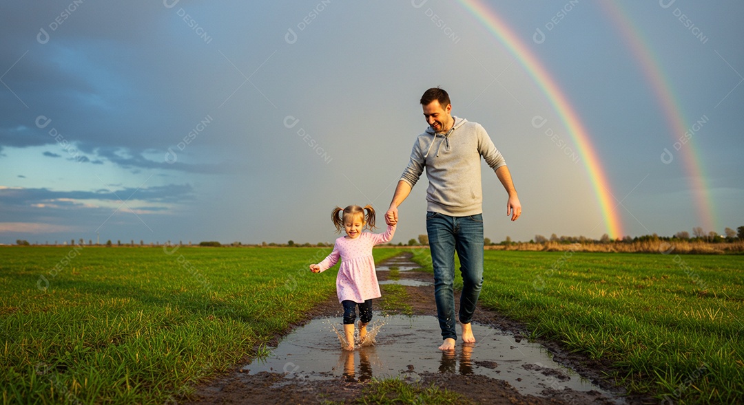 Lindos pai e filha correndo ao ar livre sob fundo de um lindo arco-íris