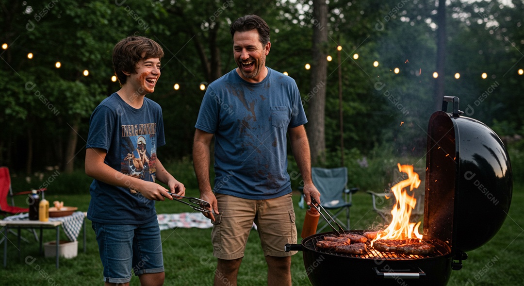 Pai e filho felizes olhando a churrasqueira sob um acampamento