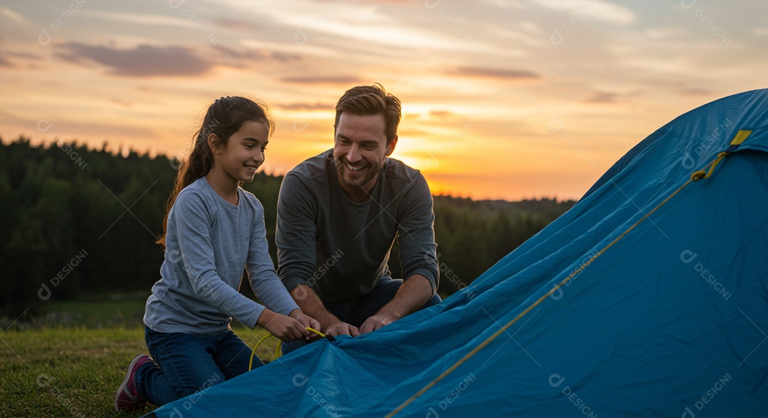 Lindos pai e filha montando barraca de camping sobre o ar livre