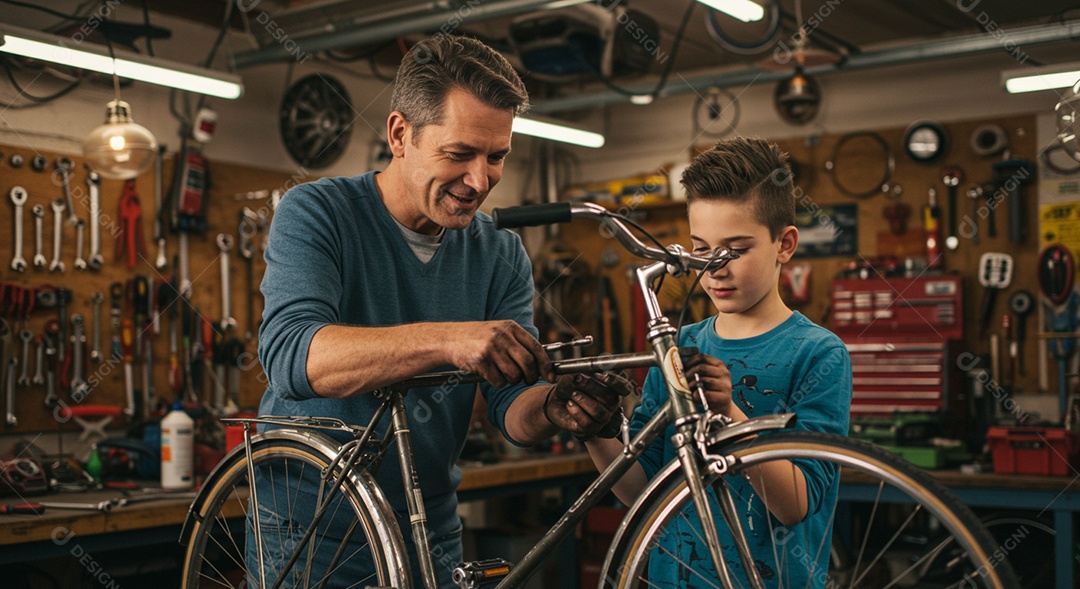 Pai e filho consertando uma bicicleta em uma bancada sob uma oficina