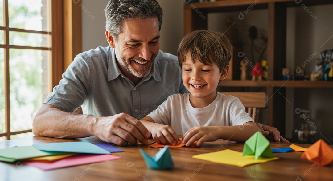 Lindos pai e filho brincando de artesanato com papel sobre mesa de madeira