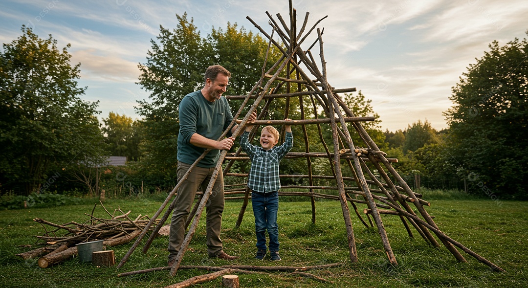Lindos pai e filho construindo uma cabana ao ar livre