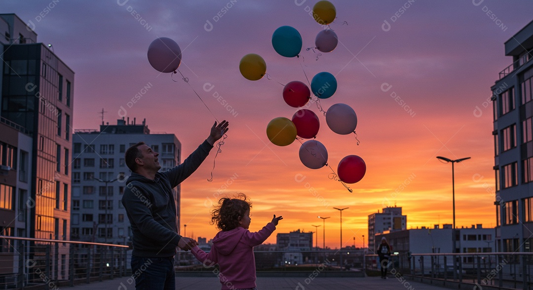 Lindos pai e filha soltando balões ao pôr do sol