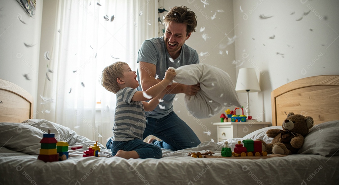 Lindos pai e filho brincando de briga de travesseiro sob um quarto