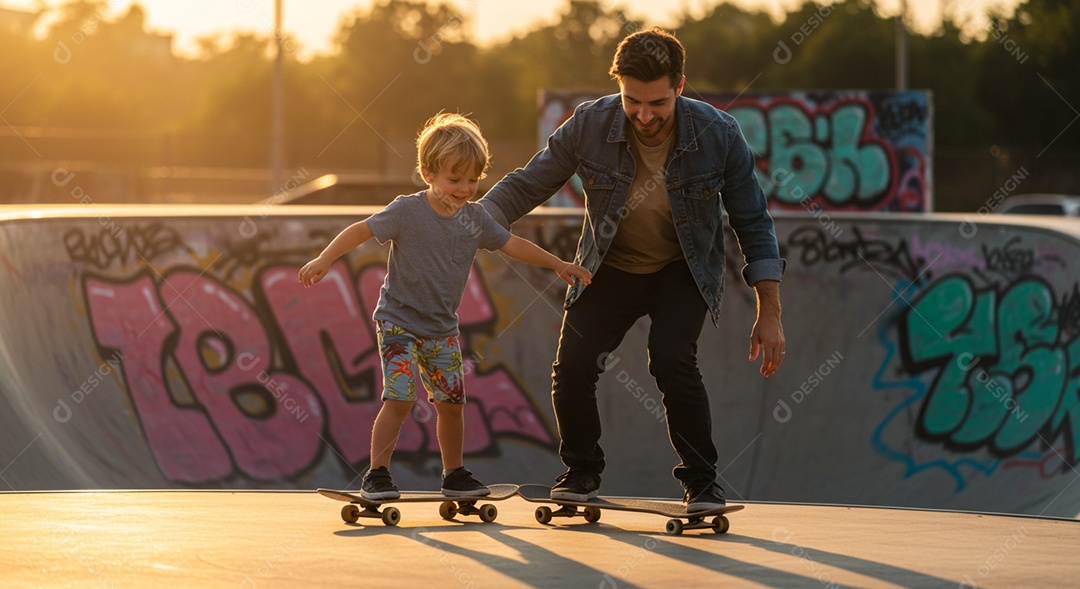 Pai e filho andando de skate sobre pista ao ar livre