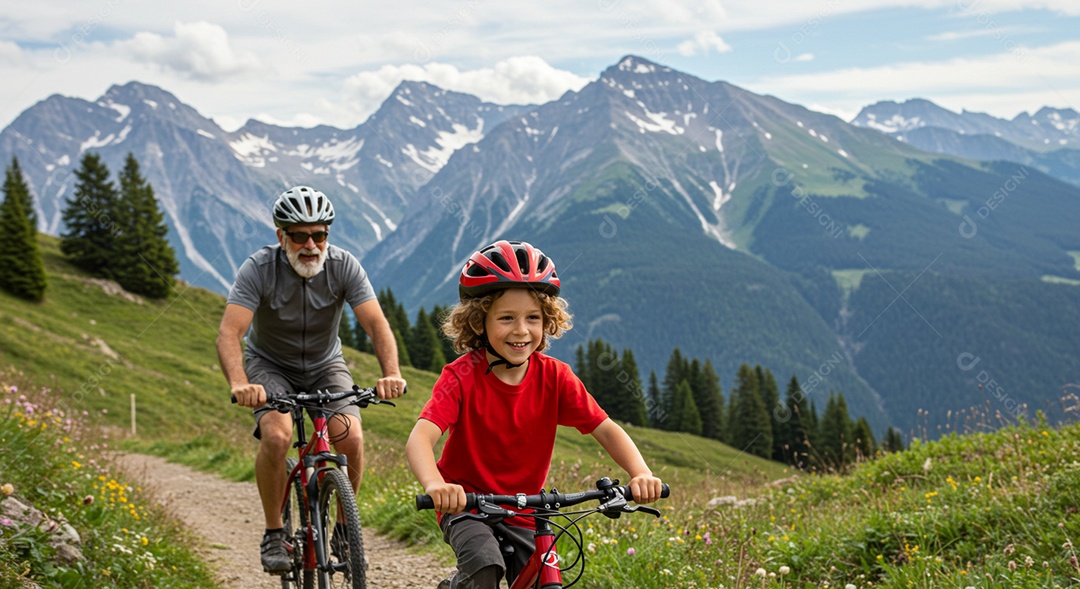 Pai e filho pedalando sob trilha em montanhas ao ar livre