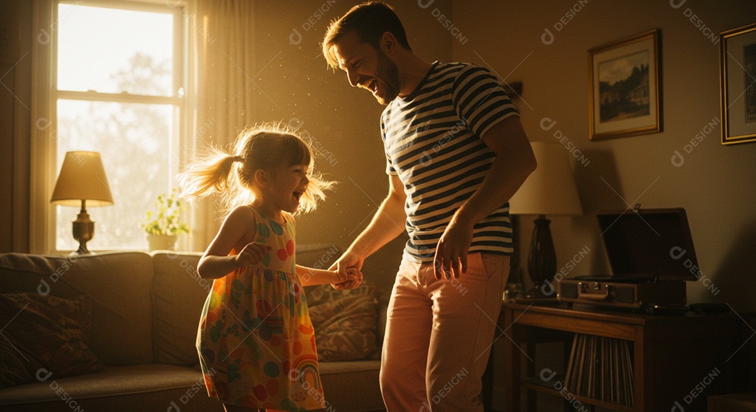 Lindo pai e filha brincando sob uma sala de estar