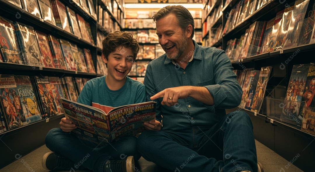 Pai e filho lendo livro sentados sob uma bíblioteca