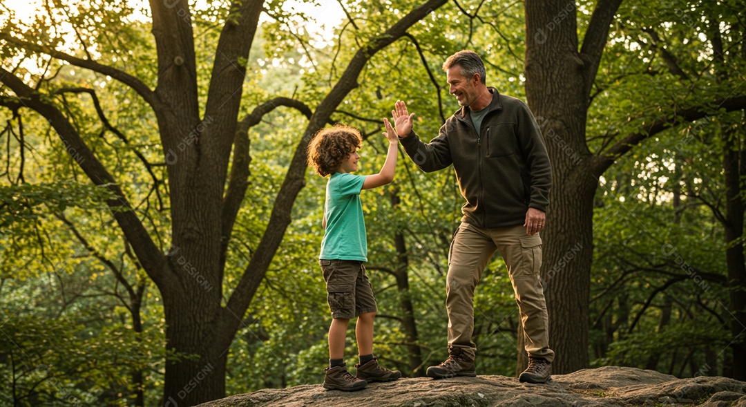Pai e filho se cumprimentão sob uma floresta ao ar livre
