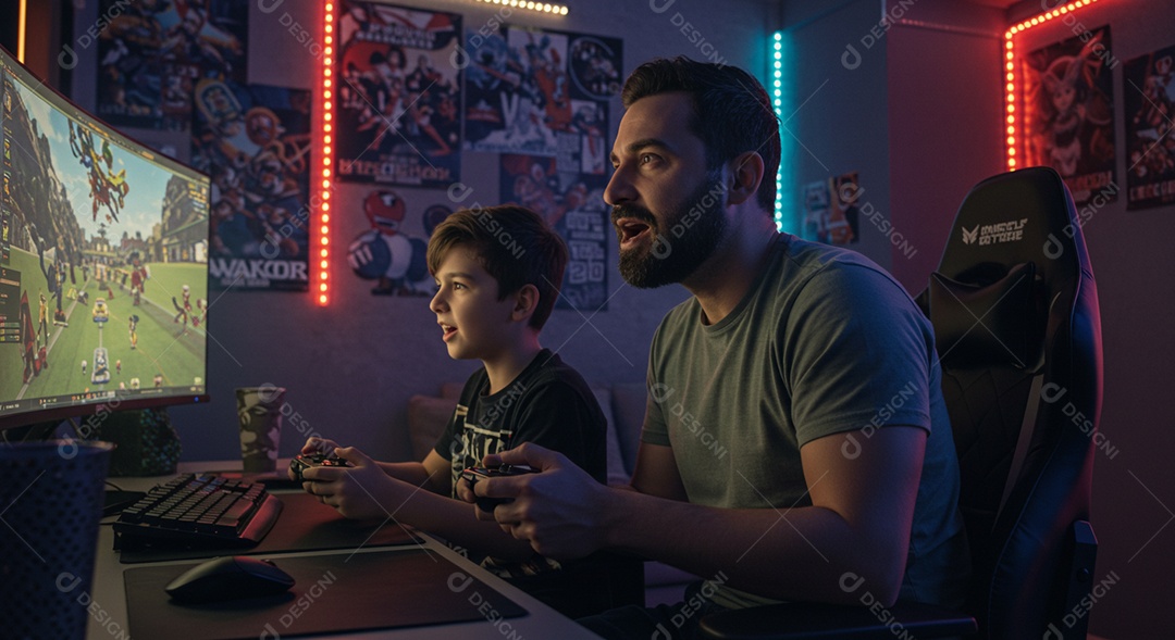 Lindo pai e filho se divertindo jogando video game