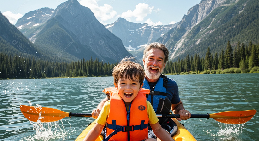Pai e filho navegando de caiaque sobre uma lagoa
