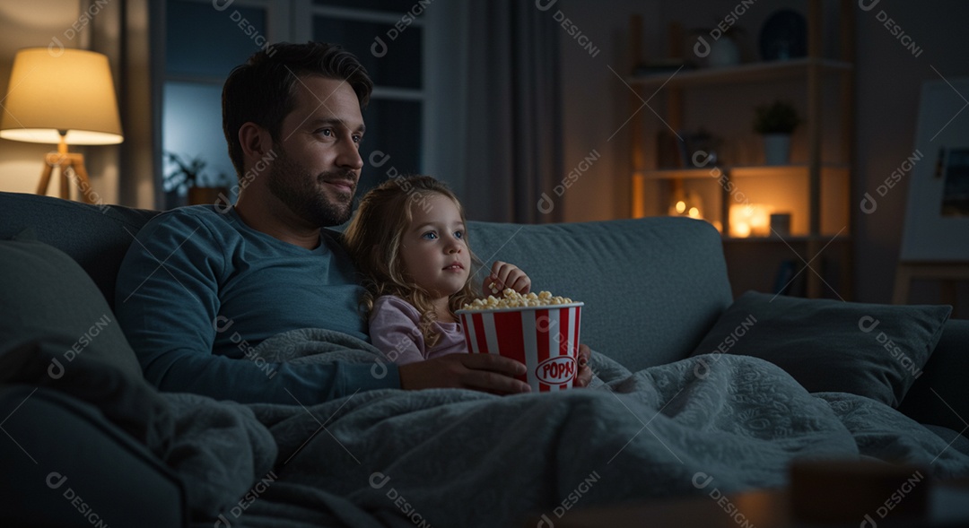 Lindo pai e filha assistindo filme deitados sobre um sofá