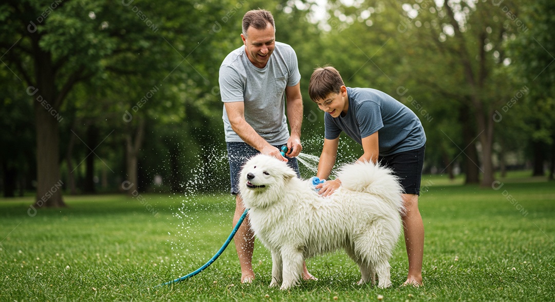 Pai e filho dando banho em um cachorro em gramado ao ar livre