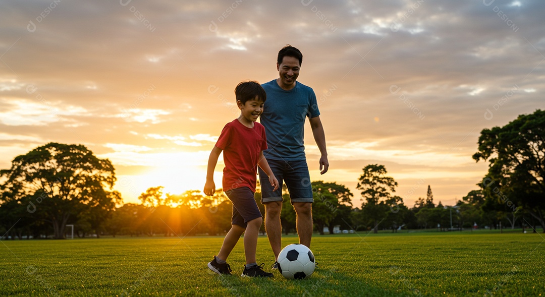 Pai e filho jogando bola sobre um gramado ao ar livre